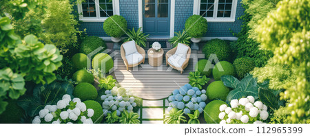 Aerial view to beautiful garden in spring on the backyard of the house. 112965399