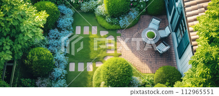 Aerial view to beautiful garden in spring on the backyard of the house. 112965551