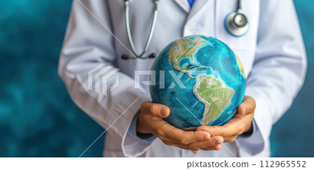 Doctor holding in his hands an Earth globe. Global healthcare and save the planet concept. 112965552