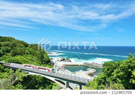 Iwate Prefecture Sanriku Railway with Blue Sky and Blue Sea Iwate Prefecture Sanriku Railway with Blue Sky and Blue Sea 112965700