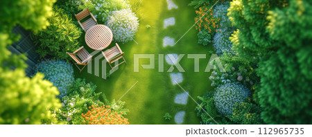 Aerial view to beautiful garden in spring on the backyard of the house. 112965735