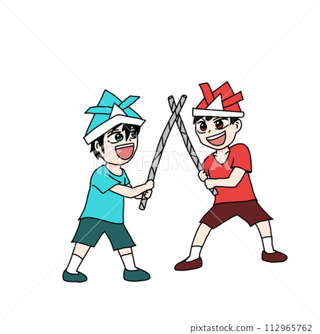 Children wearing helmets and playing chanbara Children wearing helmets and playing chanbara 112965762
