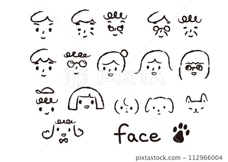 Hand-drawn style illustrations of people of different ages and pets 112966004