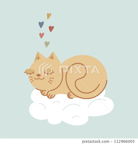 Cute cat sleeping on a cloud. Doodle kitten. Cartoon childish design. Vector illustration Cute cat sleeping on a cloud. Doodle kitten. Cartoon childish design. Vector illustration 112966005