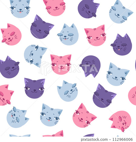 Cute hand drawn seamless pattern with colorful cat faces. Cat seamless pattern. Cartoon childish design. Vector illustration 112966006