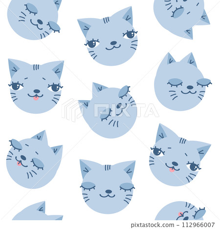 Cute hand drawn seamless pattern with cat heads. Kitten seamless pattern. Cartoon childish design. Vector illustration 112966007