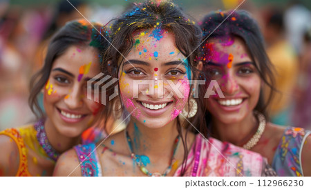 Happy womans in traditional Indian dress with colorful powder on her face getting Holi festival 112966230