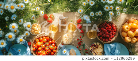 Top view of the blanket with different fruits, vegetables and snacks on it. Picnic concept. 112966299