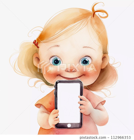 Cute cartoon little girl with a mobile phone in her hands with blank space. Watercolor illustration 112966353