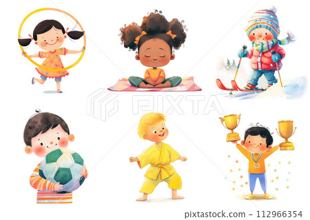 Cartoon kids activities watercolor illustration. Set of cute children playing sports. Yoga, karate, soccer, skiing, gymnastics 112966354
