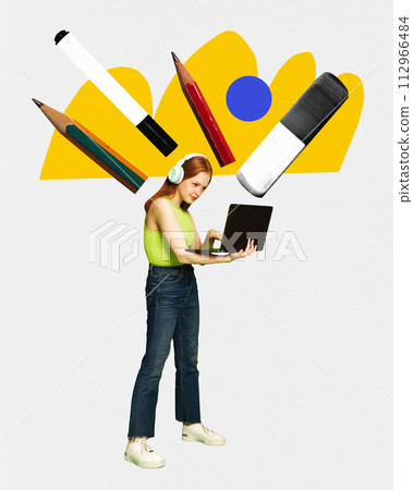 Contemporary art collage. Woman with stationery and abstract shapes using laptop, symbolizing creativity and online education. Contemporary art collage. Woman with stationery and abstract shapes using laptop, symbolizing creativity and online education. 112966484