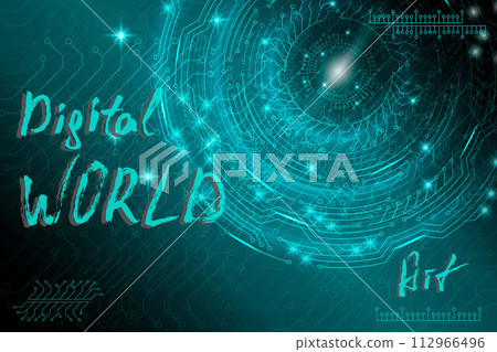 Blue futuristic technological background in cyberpunk style. Digital art. The inscription is painted by hand with brush. Lettering for design of postcards, poster, banner. Vector illustration. 112966496