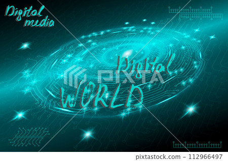 Blue futuristic technological background in cyberpunk style. Digital art. The inscription is painted by hand with brush. Lettering for design of postcards, poster, banner. Vector illustration. 112966497