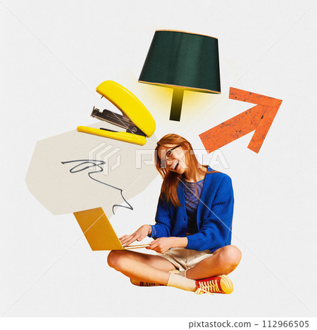Contemporary art collage. Woman with stationery and abstract shapes, symbolizing creativity and online education. Contemporary art collage. Woman with stationery and abstract shapes, symbolizing creativity and online education. 112966505