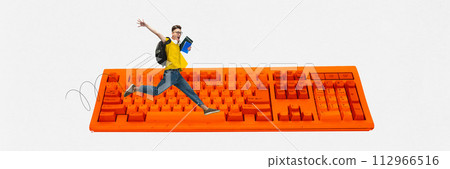 Contemporary art collage. Young man, student with backpack running over vibrant vintage keyboard against white background. 112966516