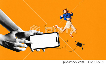 Contemporary art collage. Young overjoyed female student jumping out of blank screen of smartphone. Finish education. Holidays. Contemporary art collage. Young overjoyed female student jumping out of blank screen of smartphone. Finish education. Holidays. 112966518