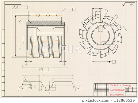 Mechanical engineering drawings on beige technical paper background. Cutting tools, milling cutter. Industrial Design. Cover. Blueprint. Business business. Vector illustration. 112966529