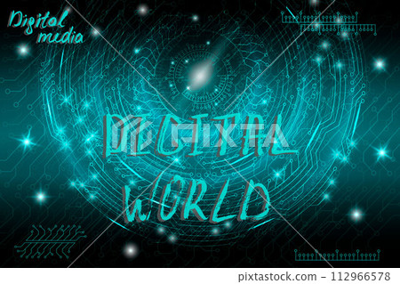 Blue futuristic technological background in cyberpunk style. Digital art. The inscription is painted by hand with brush. Lettering for design of postcards, poster, banner. Vector illustration. Blue futuristic technological background in cyberpunk style. Digital art. The inscription is painted by hand with brush. Lettering for design of postcards, poster, banner. Vector illustration. 112966578