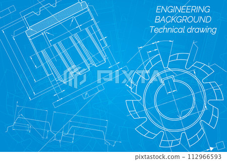 Mechanical engineering drawings on blue background. Cutting tools, milling cutter. Technical Design. Cover. Blueprint. Vector illustration. Mechanical engineering drawings on blue background. Cutting tools, milling cutter. Technical Design. Cover. Blueprint. Vector illustration. 112966593