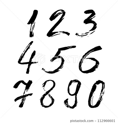 Set of calligraphic numbers painted by black brush on isolated white background. Lettering for your design. 112966601