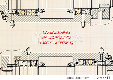 Mechanical engineering drawings on light background. Milling machine spindle. Technical Design. Cover. Blueprint 112966611