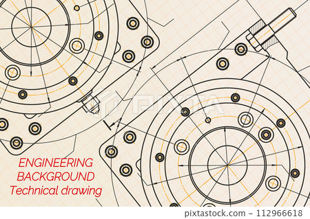 Mechanical engineering drawings on light background. Milling machine spindle. Technical Design. Cover. Blueprint 112966618