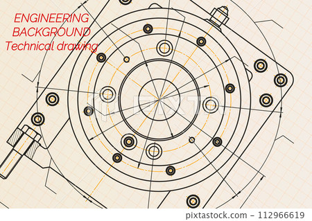 Mechanical engineering drawings on light background. Milling machine spindle. Technical Design. Cover. Blueprint Mechanical engineering drawings on light background. Milling machine spindle. Technical Design. Cover. Blueprint 112966619