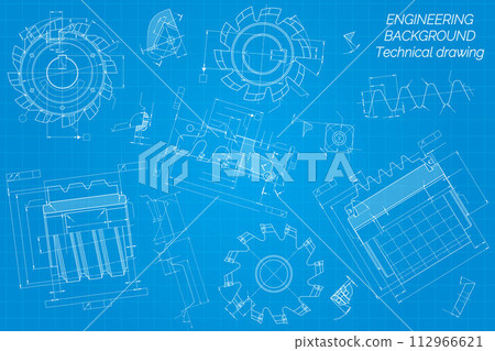 Mechanical engineering drawings on blue background. Cutting tools, milling cutter. Technical Design. Cover. Blueprint. 112966621