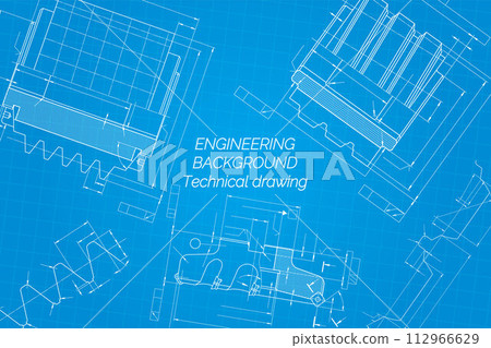 Mechanical engineering drawings on blue background. Cutting tools, milling cutter. Technical Design. Cover. Blueprint. 112966629