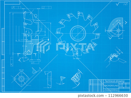Mechanical engineering drawings on blue background. Cutting tools, milling cutter. Technical Design. Cover. Blueprint. 112966630