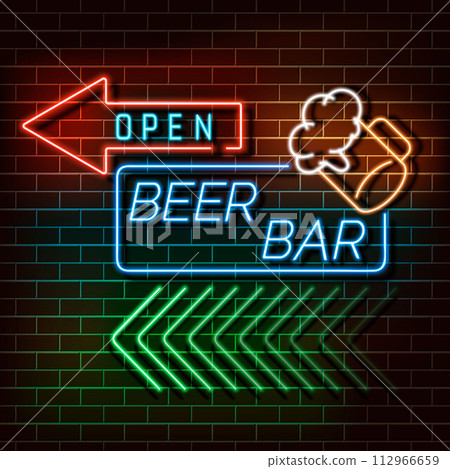 Beer bar neon light banner on a brick wall. Blue and orange sign. Decorative realistic retro element for web design 112966659