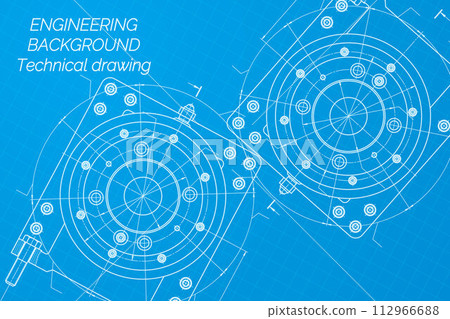Mechanical engineering drawings on blue background. Milling machine spindle. Technical Design. Cover. Blueprint. 112966688