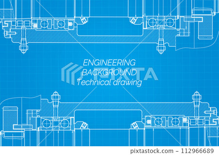 Mechanical engineering drawings on blue background. Milling machine spindle. Technical Design. Cover. Blueprint. Mechanical engineering drawings on blue background. Milling machine spindle. Technical Design. Cover. Blueprint. 112966689