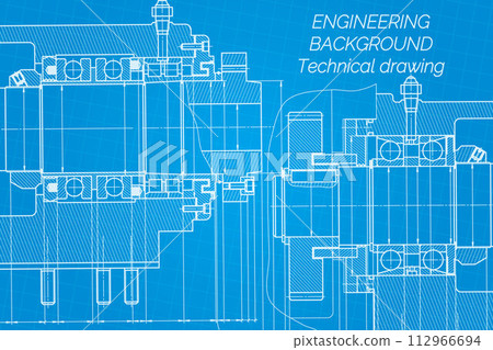 Mechanical engineering drawings on blue background. Milling machine spindle. Technical Design. Cover. Blueprint. 112966694
