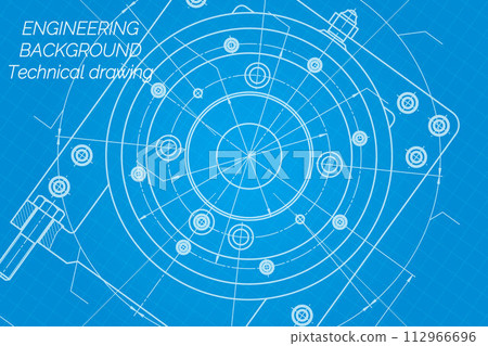 Mechanical engineering drawings on blue background. Milling machine spindle. Technical Design. Cover. Blueprint. 112966696