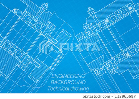 Mechanical engineering drawings on blue background. Milling machine spindle. Technical Design. Cover. Blueprint. Mechanical engineering drawings on blue background. Milling machine spindle. Technical Design. Cover. Blueprint. 112966697