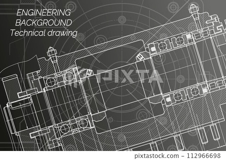 Mechanical engineering drawings on black background. Milling machine spindle. Technical Design. Cover. Blueprint. Mechanical engineering drawings on black background. Milling machine spindle. Technical Design. Cover. Blueprint. 112966698
