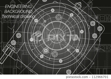 Mechanical engineering drawings on black background. Milling machine spindle. Technical Design. Cover. Blueprint. Mechanical engineering drawings on black background. Milling machine spindle. Technical Design. Cover. Blueprint. 112966701