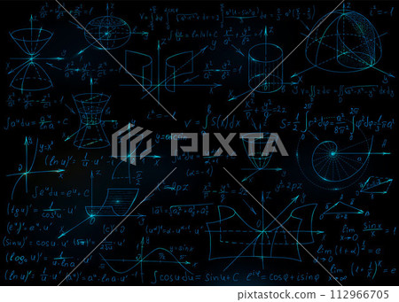 Mathematical formulas drawn by hand on the black chalkboard for the background. Vector illustration. 112966705