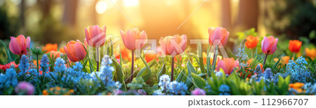 Close-up panoramic view of the beautiful blooming tulips and hyacinths garden in spring. 112966707