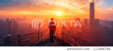 Worker standing on the roof of the skyscraper and looking on the construction of buildings. Engineering and industry concept. 112966708