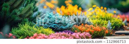 Beautiful coniferous garden with blue spruces, fir trees, thujas, junipers and colourful flowers. 112966713
