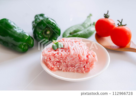切碎的豬肉、雞肉和蔬菜 切碎的豬肉、雞肉和蔬菜 112966728