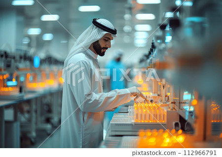 AI-generated content. Arab male working in modern research facility among cutting-edge lab equipment. Innovative technology in medicine and science 112966791