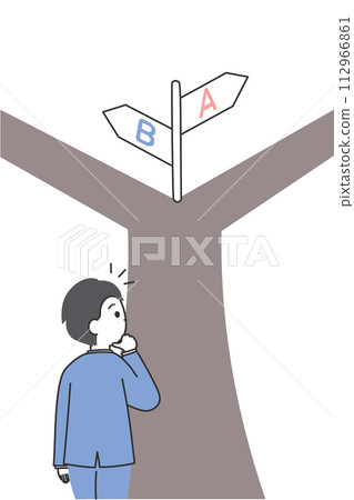 一個穿著西裝的男人停在岔路口的插圖 112966861