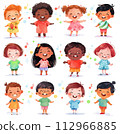 Cartoon little kids singing song, multiethnic characters. Collection of watercolor painting. Happy singer child, music clipart, isolated on white background 112966885