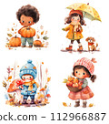 Cartoon happy kids activities during the autumn seasons. Watercolor illustrations, children clipart 112966887