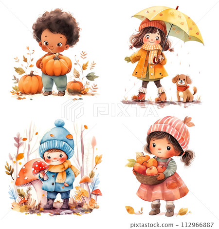 Cartoon happy kids activities during the autumn seasons. Watercolor illustrations, children clipart 112966887