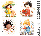 Set of watercolor illustrations. Cartoon little kids, autumn weather, children season activities 112966888