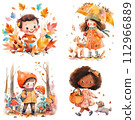 Cute cartoon kids clipart. Watercolor set of autumn season illustration. Children autumn activities 112966889